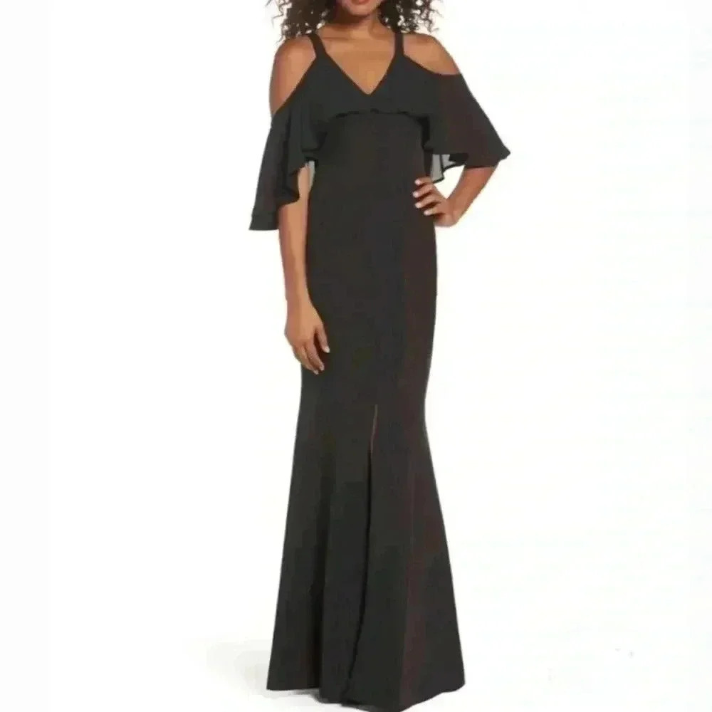 NWOT Jay Godfrey Black Flutter Chiffon Overlay Cold Shoulder Naomi Gown Size 6